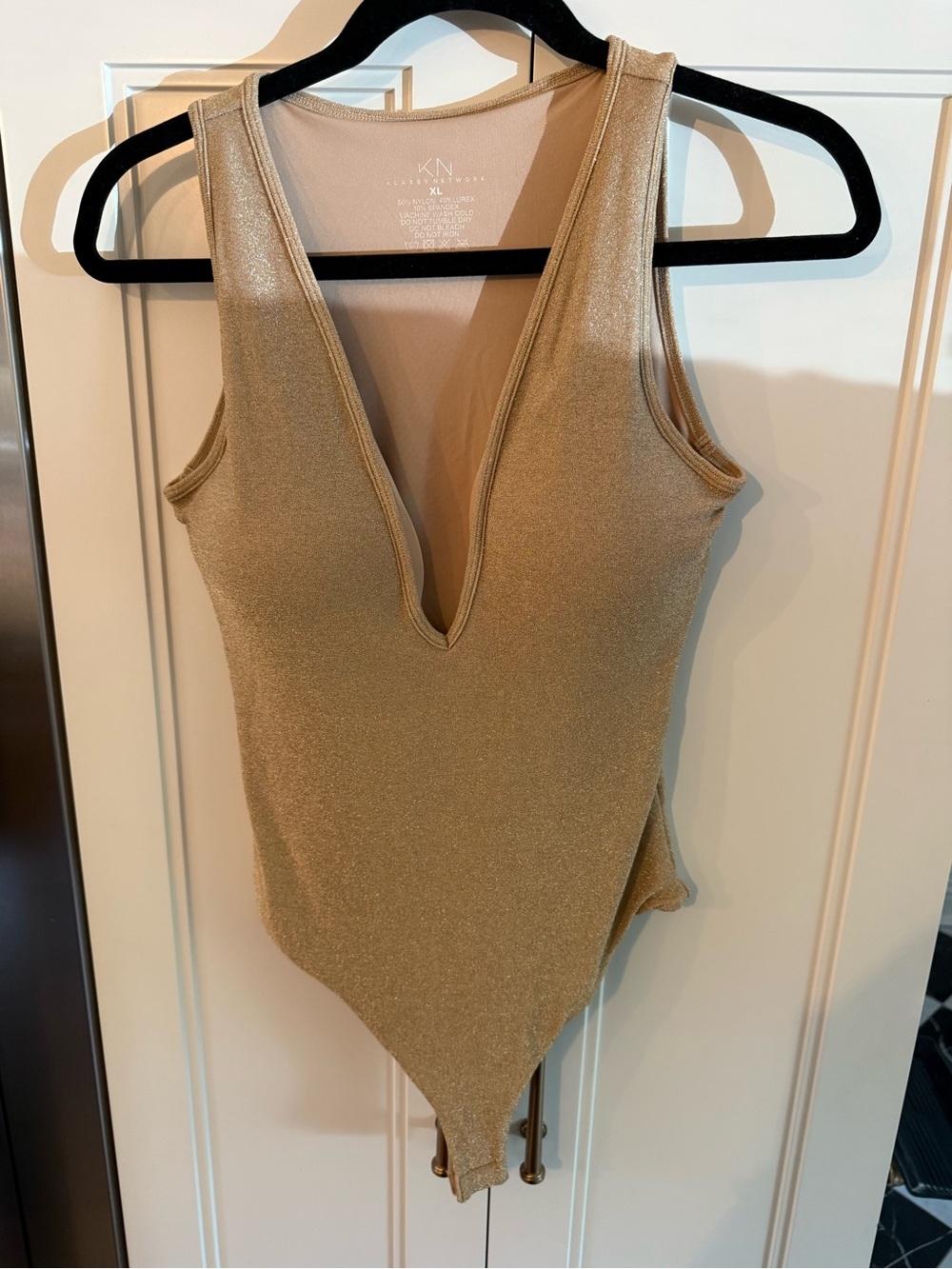 Klassy Network Metallic Gold Plunge Neck Bodysuit